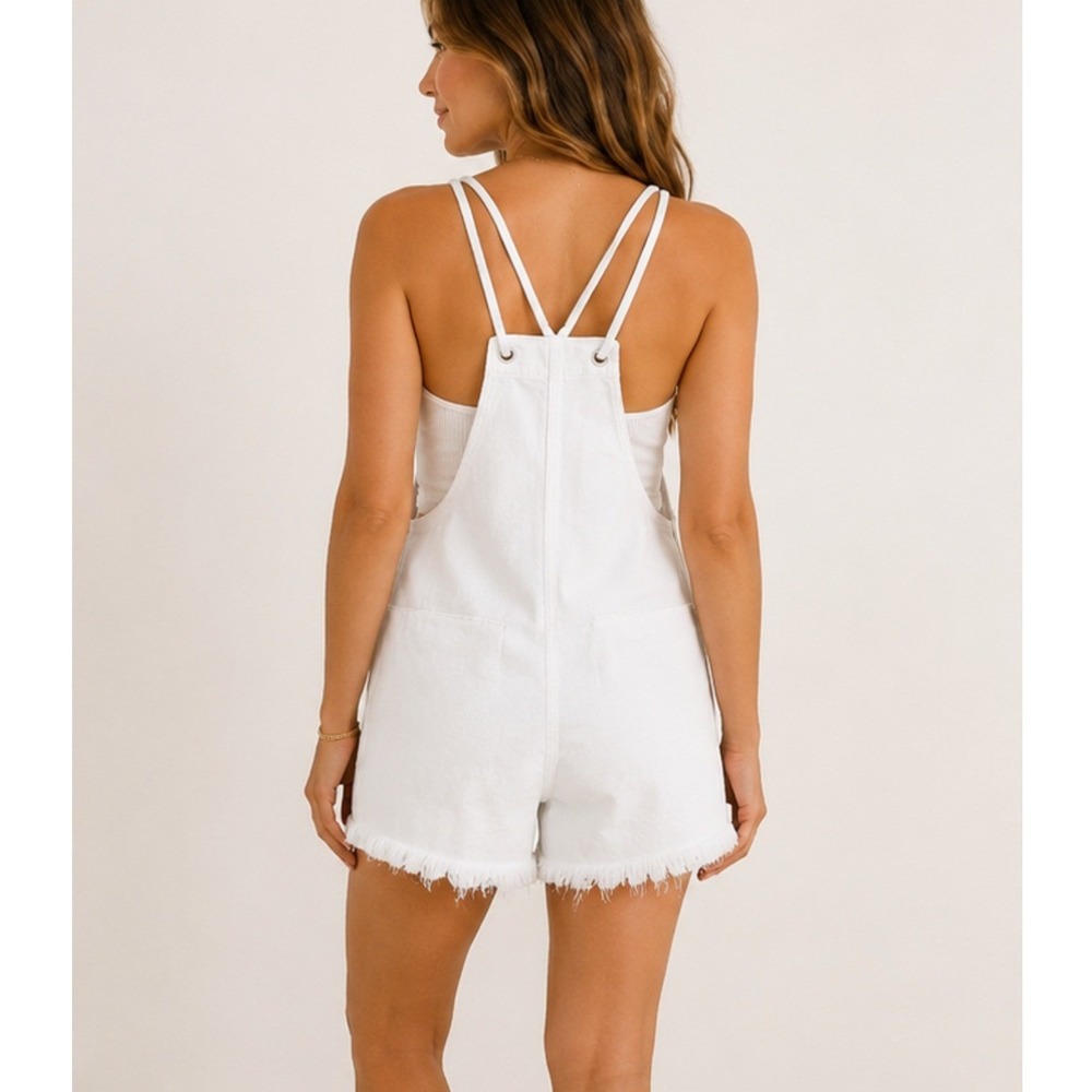 Aerie White Denim Shortall Romper Frayed Hem Womens XXS Adjustable Strap NEW NWT - Picture 2 of 8